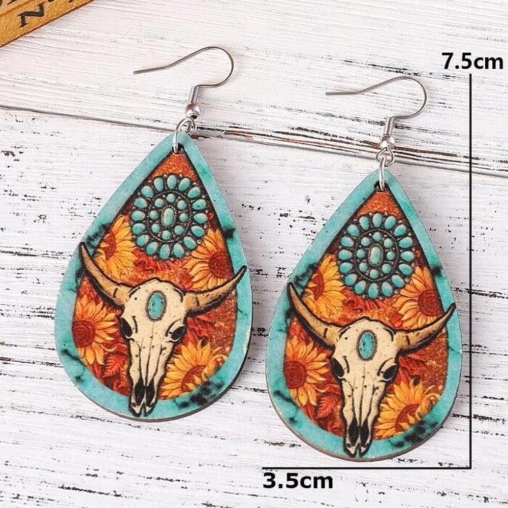 Boho Wooden Cattle Head & Sunflower Pattern Water Drop Earrings